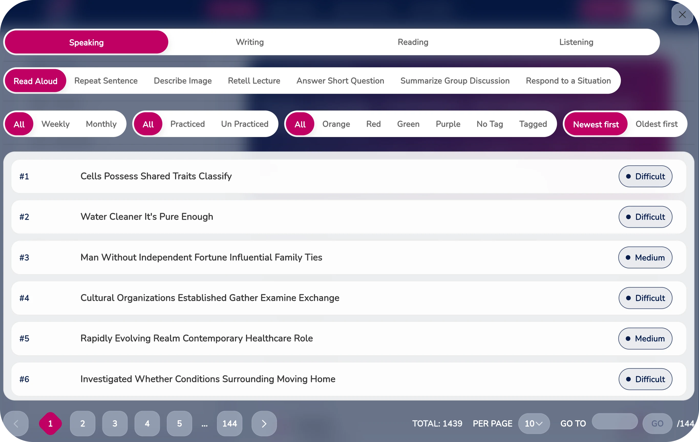 PTE Ultra practice dashboard