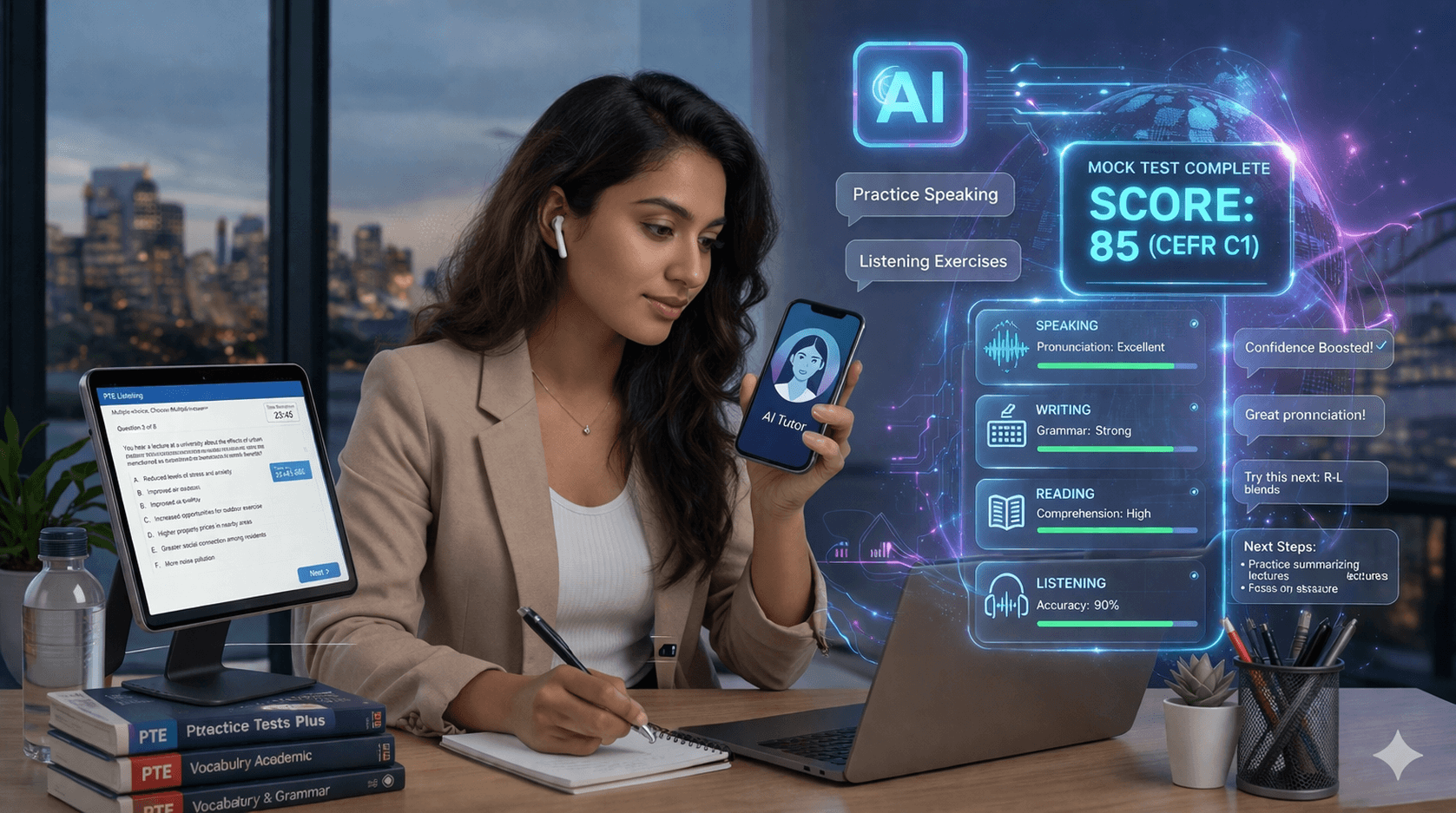 AI scoring panel showing speaking, writing, and score correction data