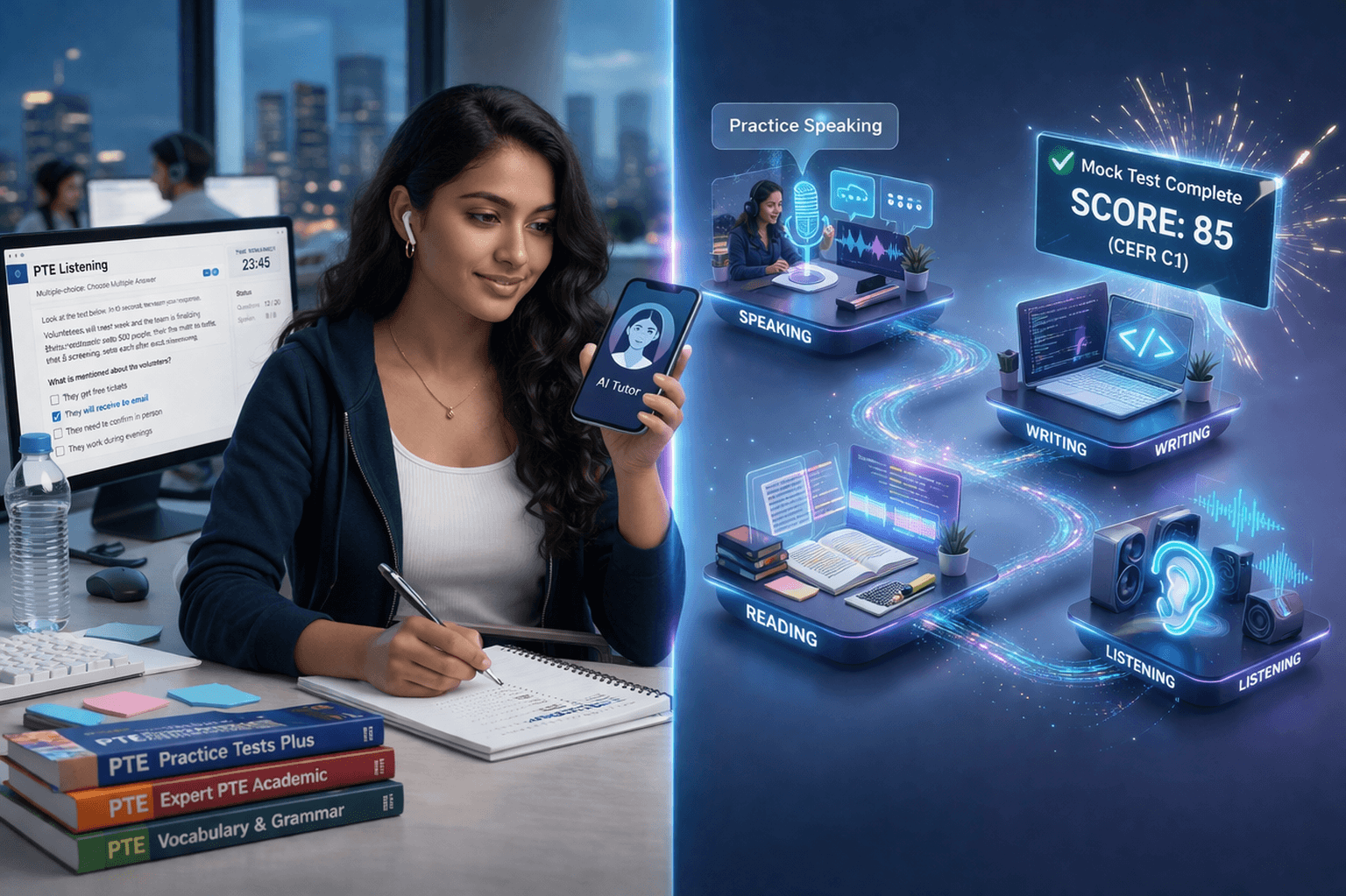 PTE mock test environment with sectional tests and score completion