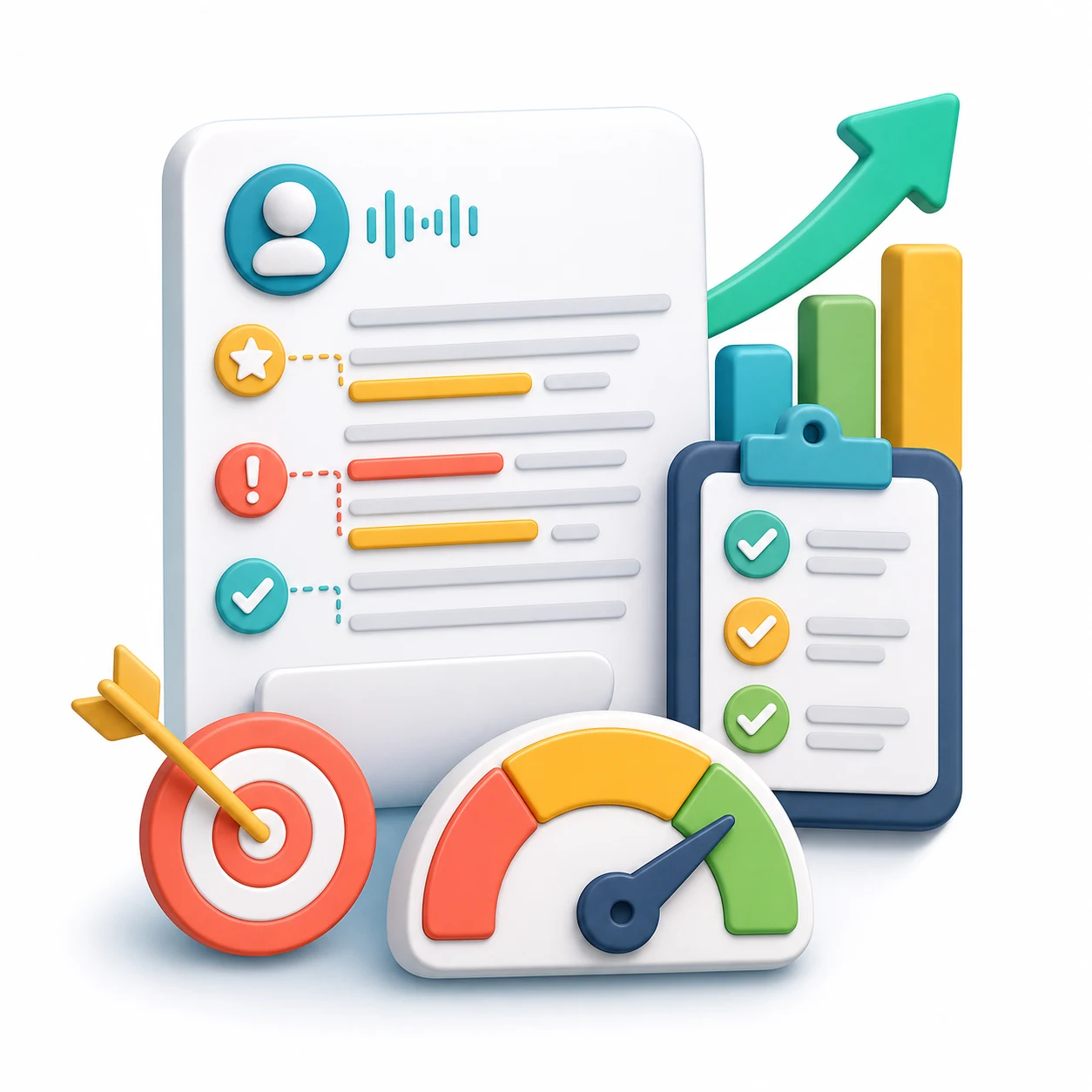 Actionable feedback report with improvement notes and score progress charts