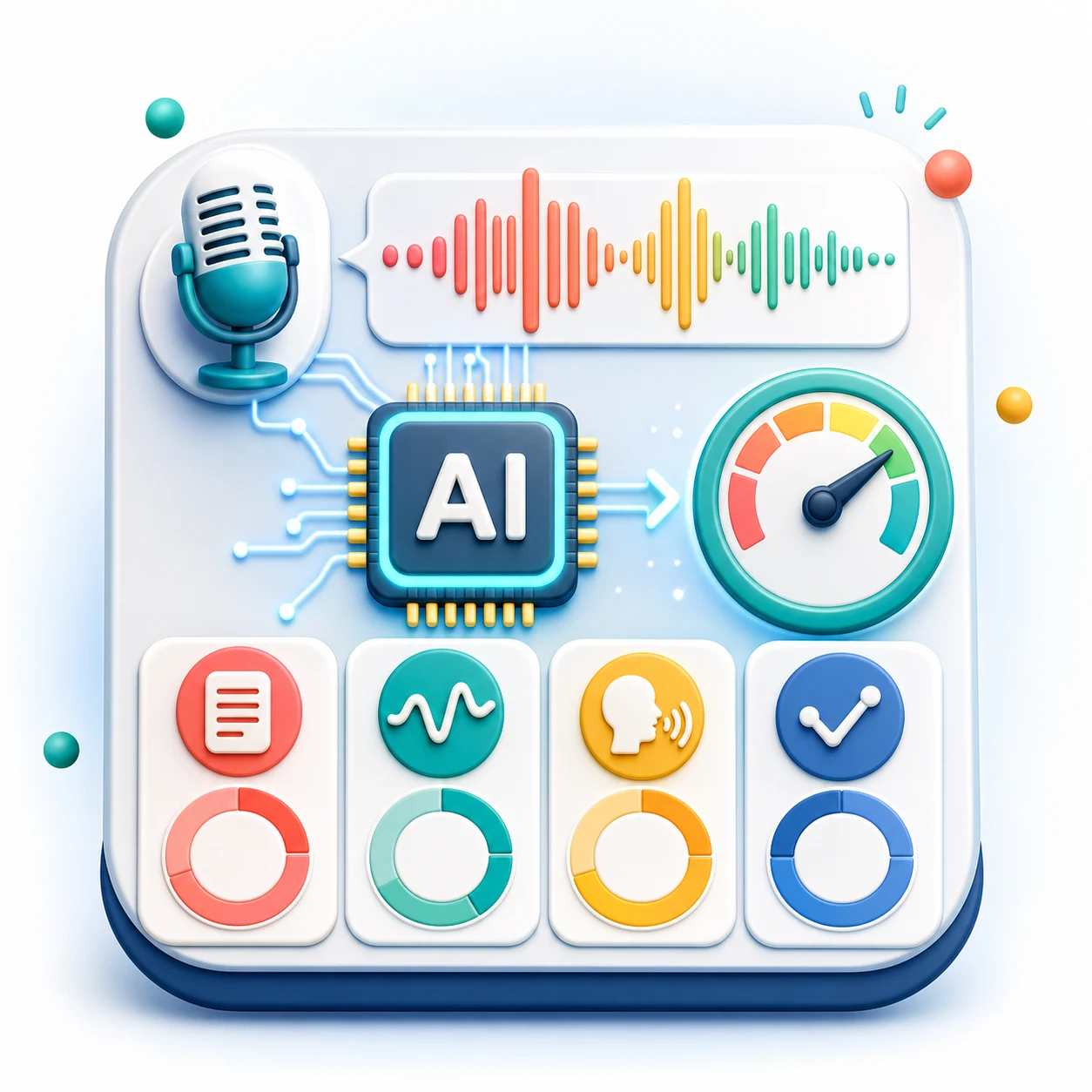 AI scoring dashboard showing speaking, content, fluency, pronunciation, and grammar scores